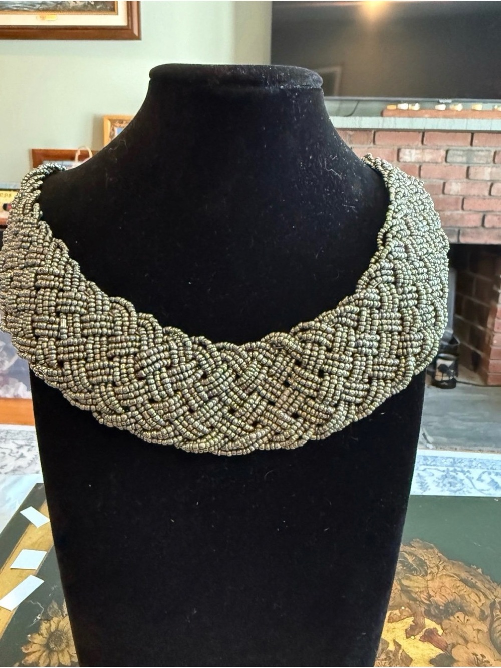 Braided Seed-Bead Collar Necklace in Light silver gray